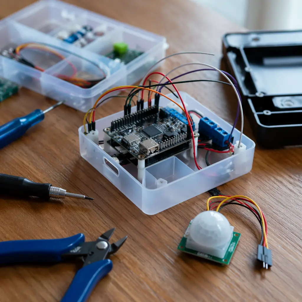 An in-progress electronics project laid out with tools and components.
