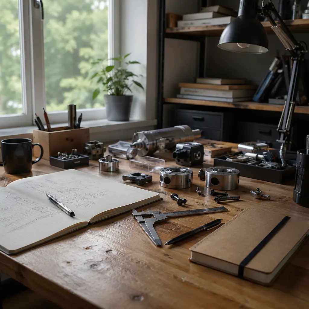 A clean maker desk with mechanical parts and measuring tools.