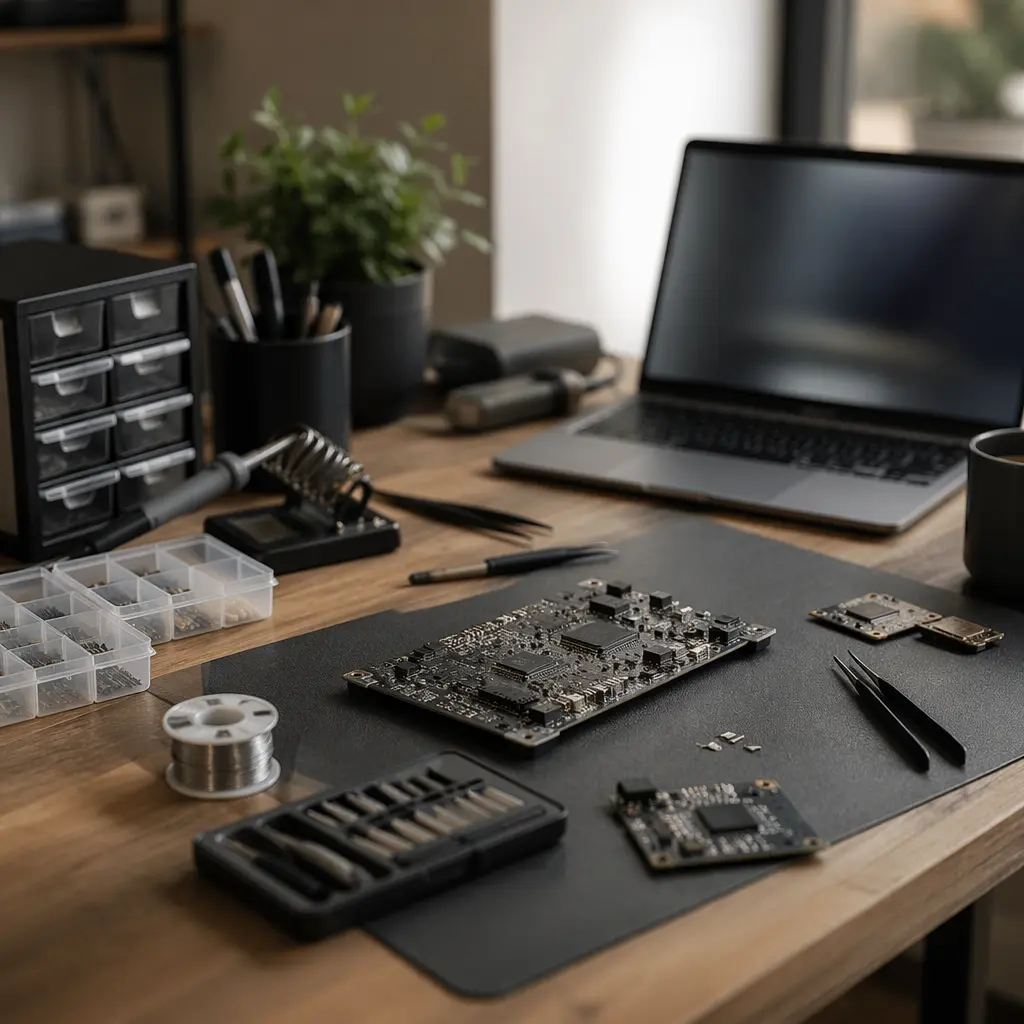 A workbench setup with electronics and tools that resemble real engineering equipment.