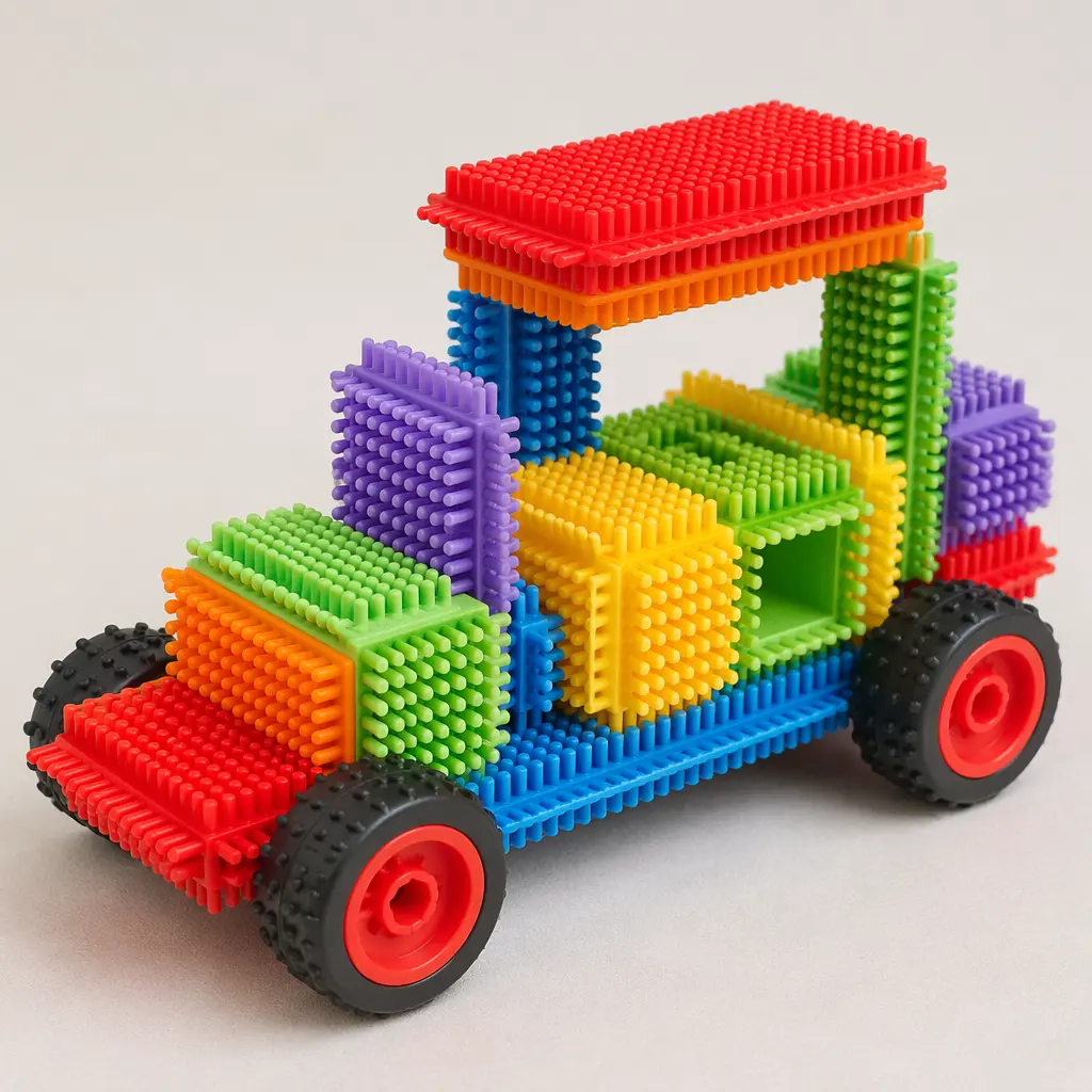 A colorful bristle-style construction toy with interlocking pieces arranged into a simple vehicle