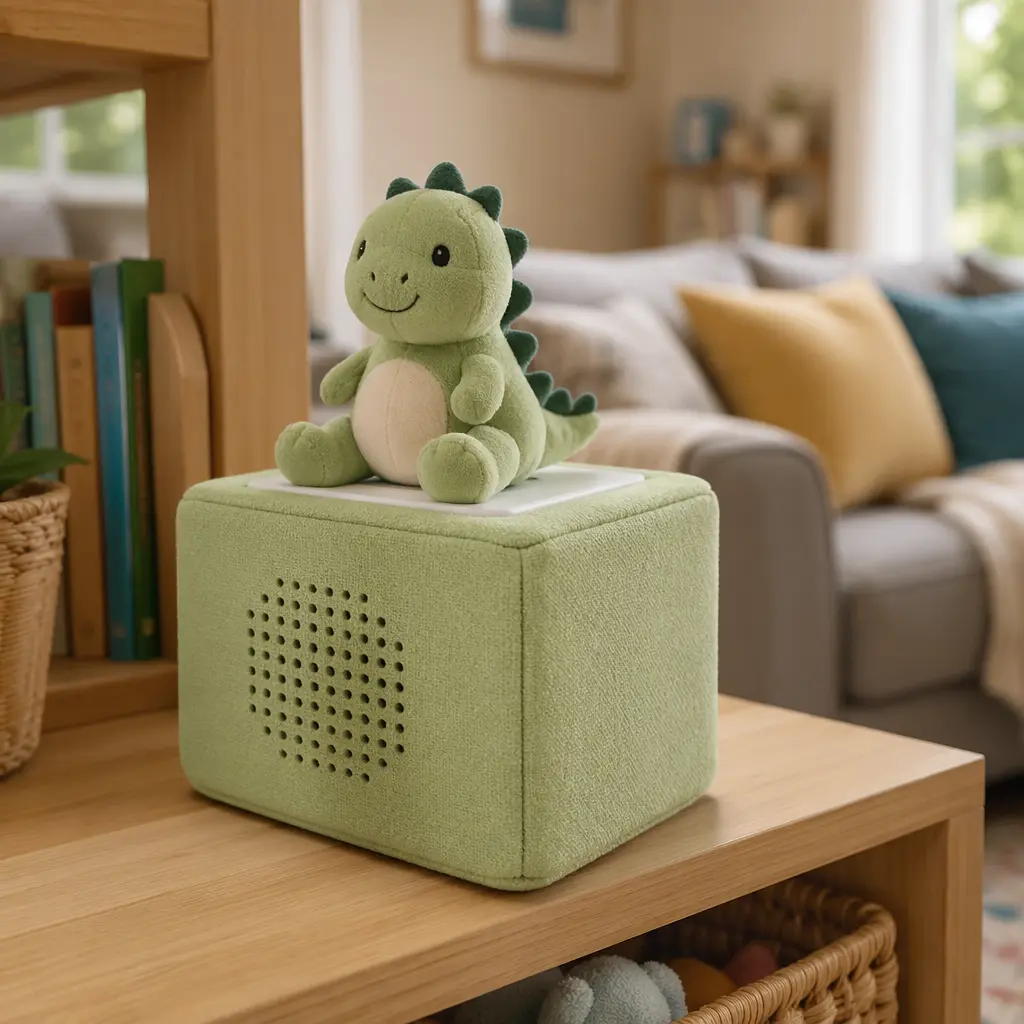 A soft, cube-shaped children's audio player with a plush character on top in a cozy room