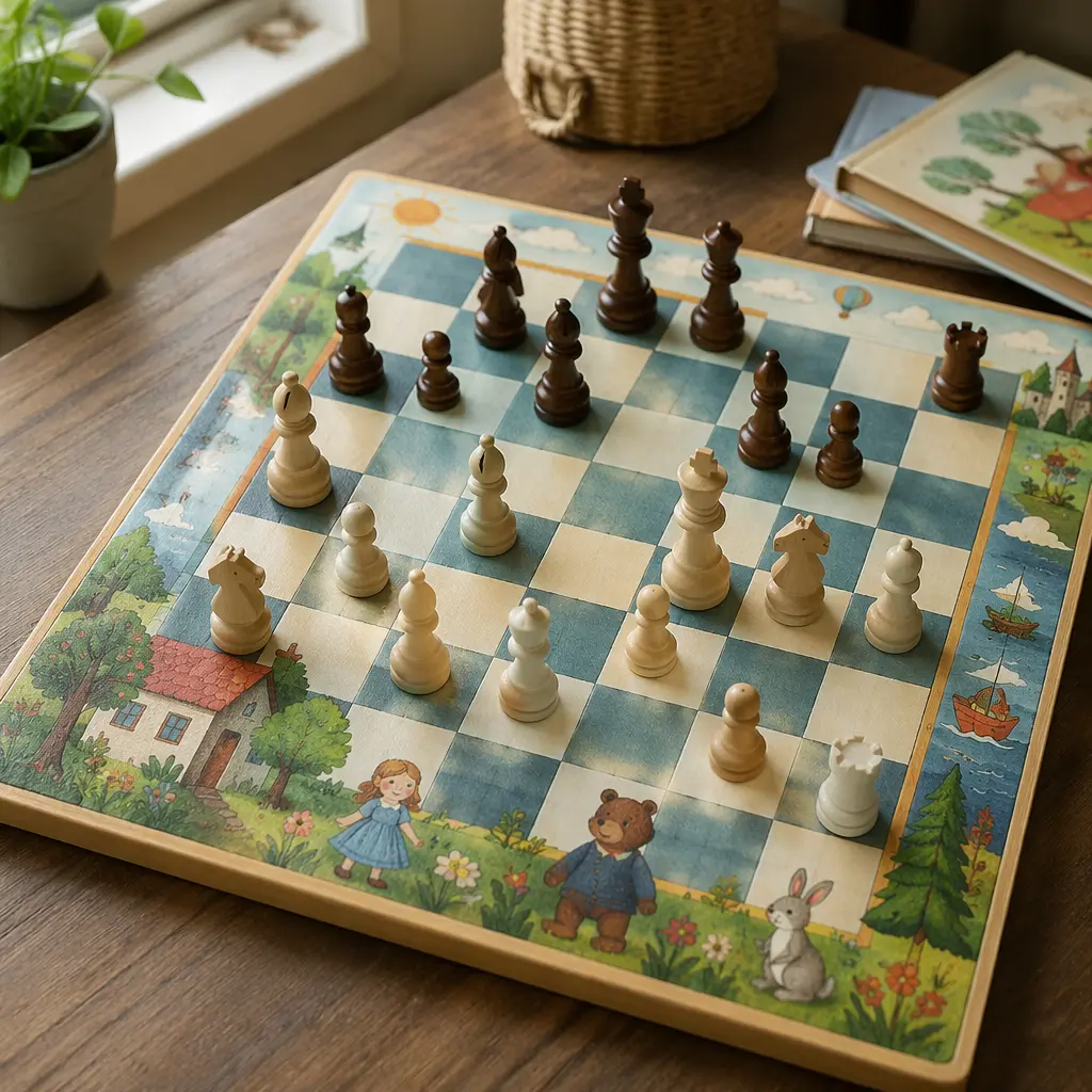 A kid-friendly chess set designed to look playful and inviting rather than formal