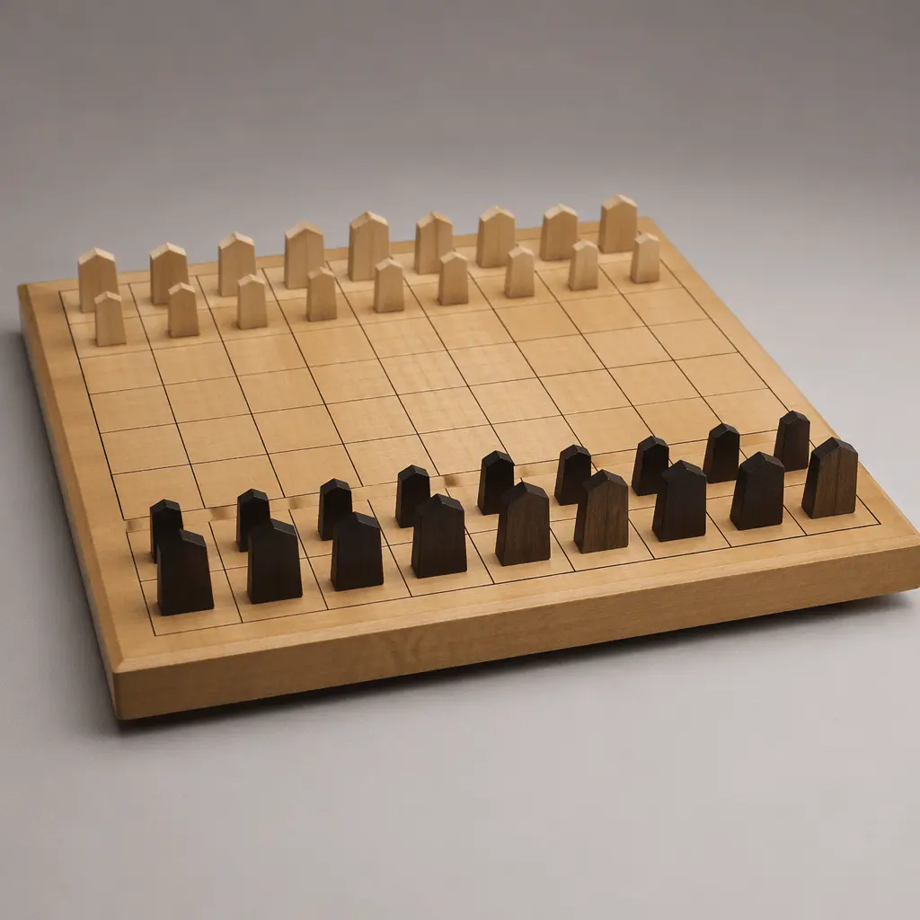 A classic abstract strategy board game setup with two opposing sets of pieces facing each other