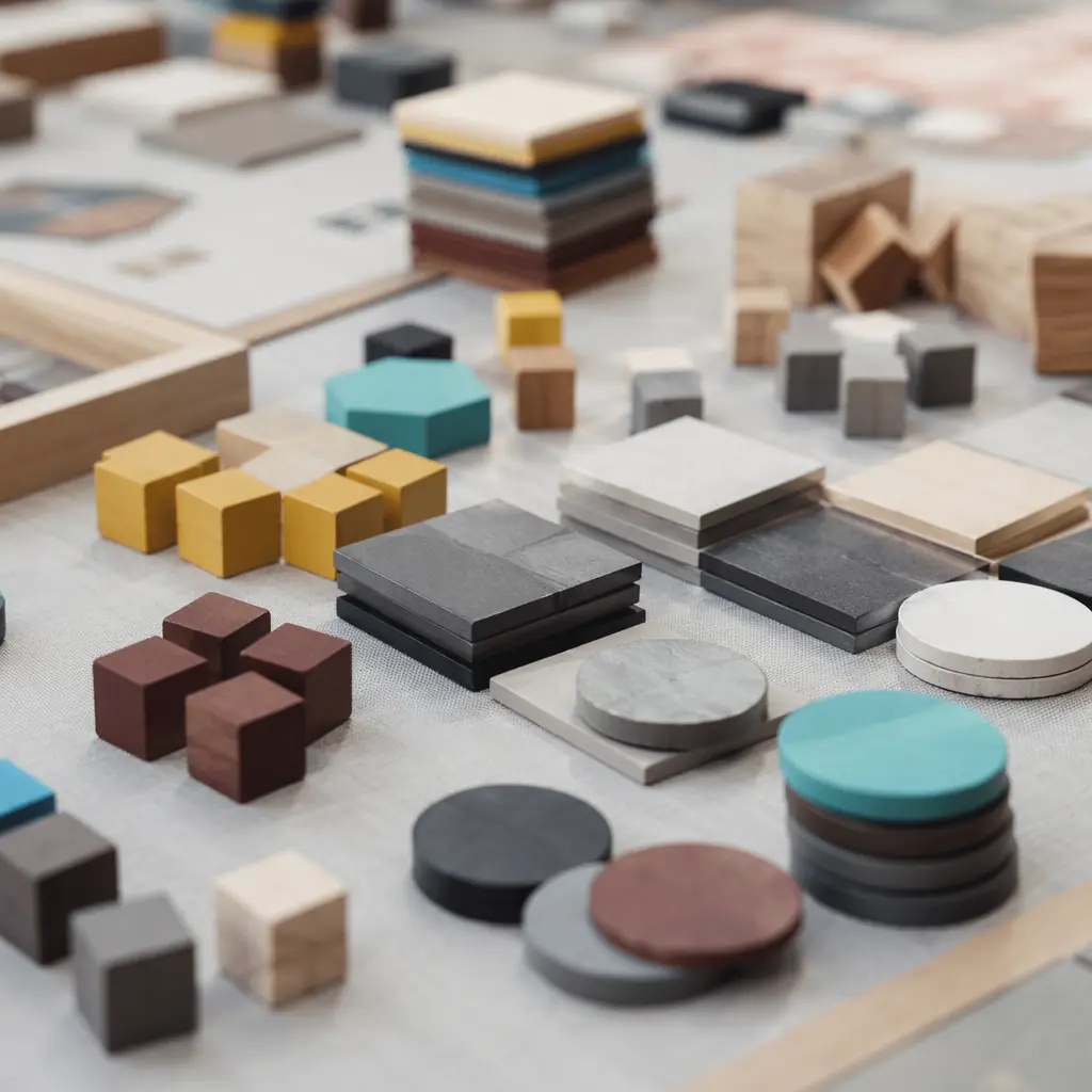 Close-up of abstract board game pieces and tokens on a table