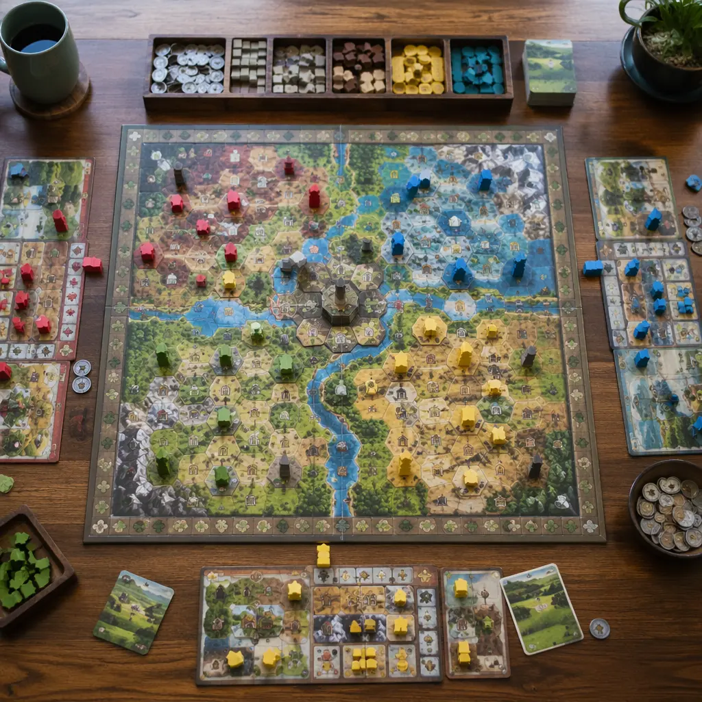Overhead view of a strategy board game in progress