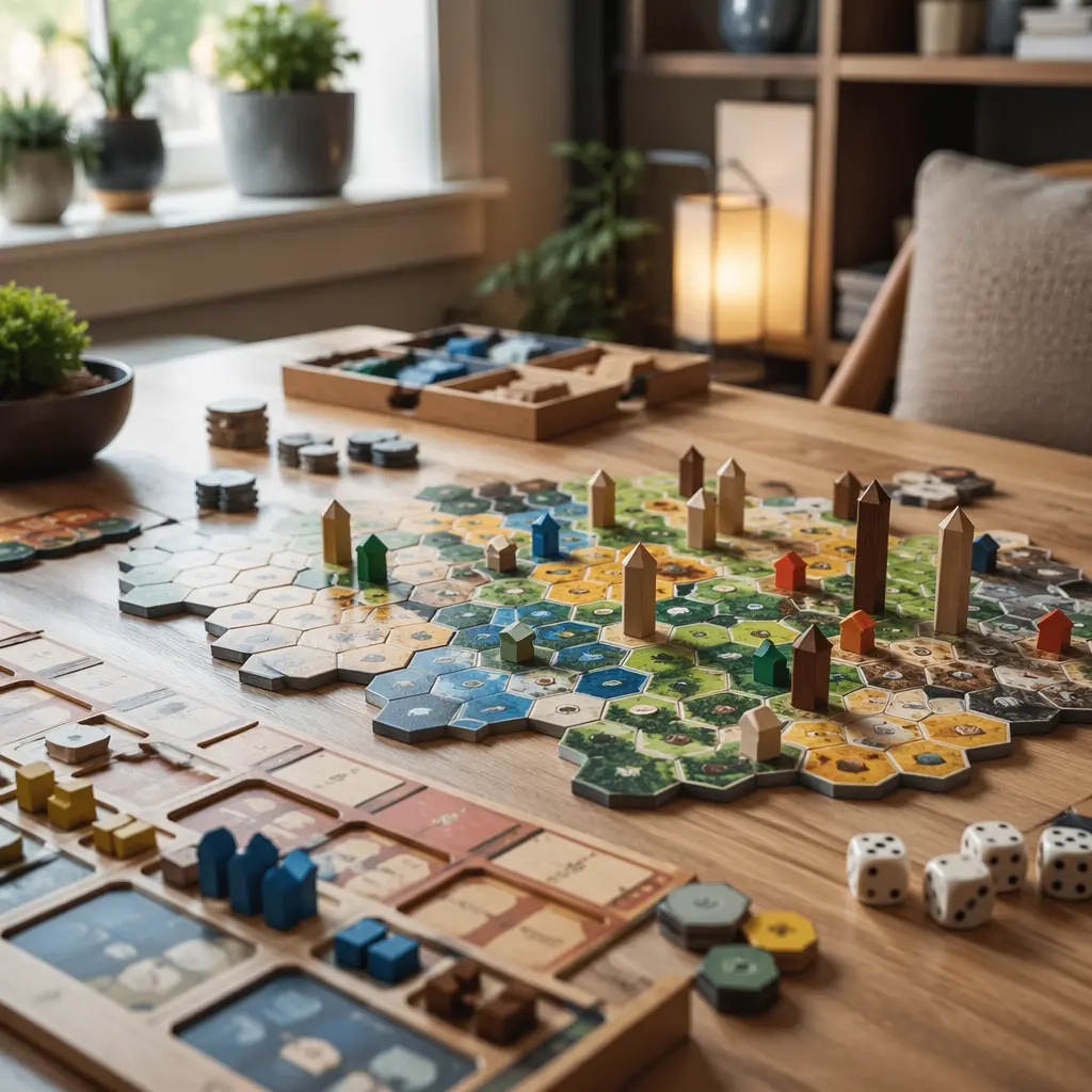Modern strategy board game components arranged on a table in natural light