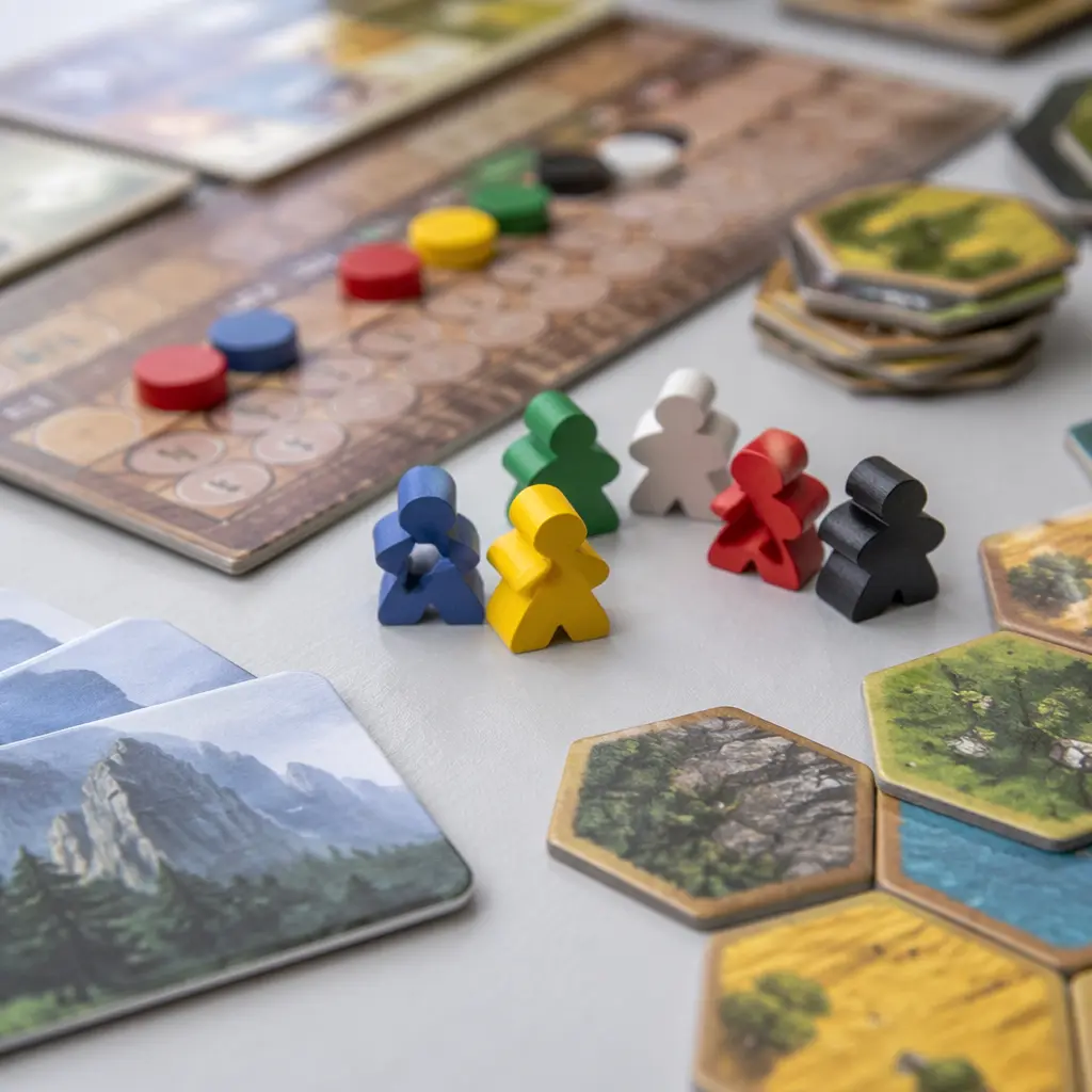 Close-up of wooden and cardboard board game pieces laid out on a table