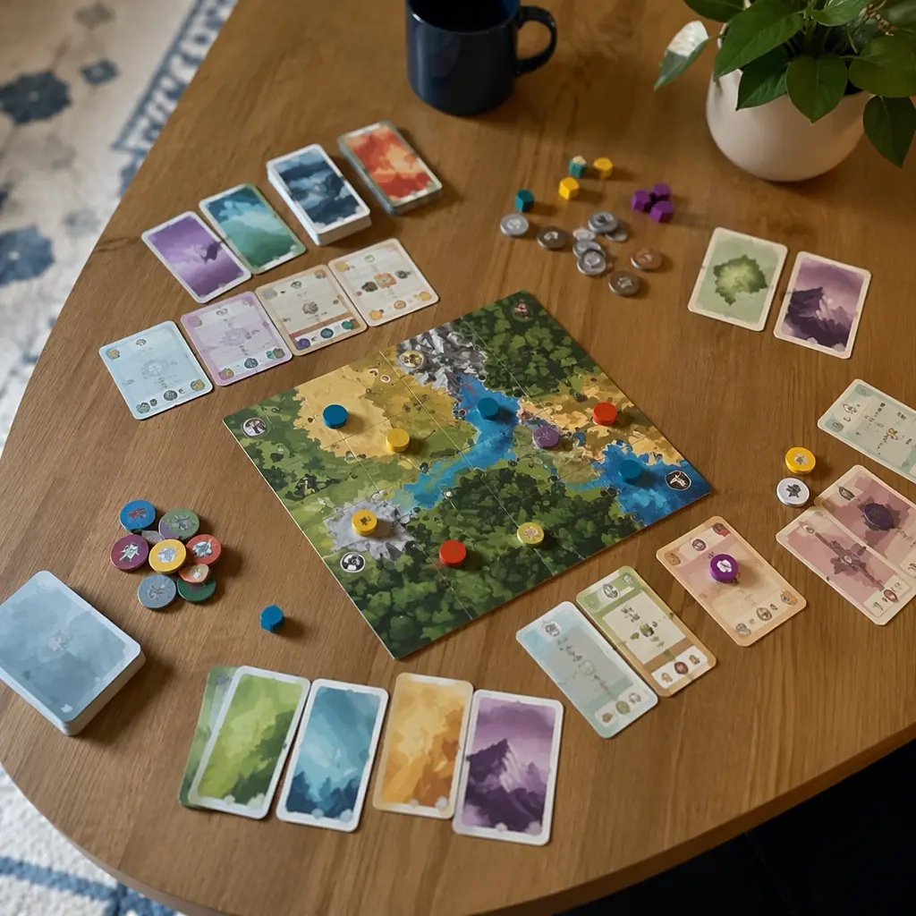 Overhead view of a compact board game setup with cards and tokens
