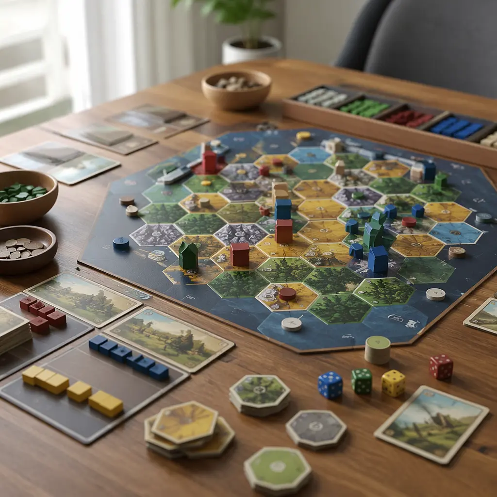A tabletop strategy board game with wooden pieces and tiles arranged for play