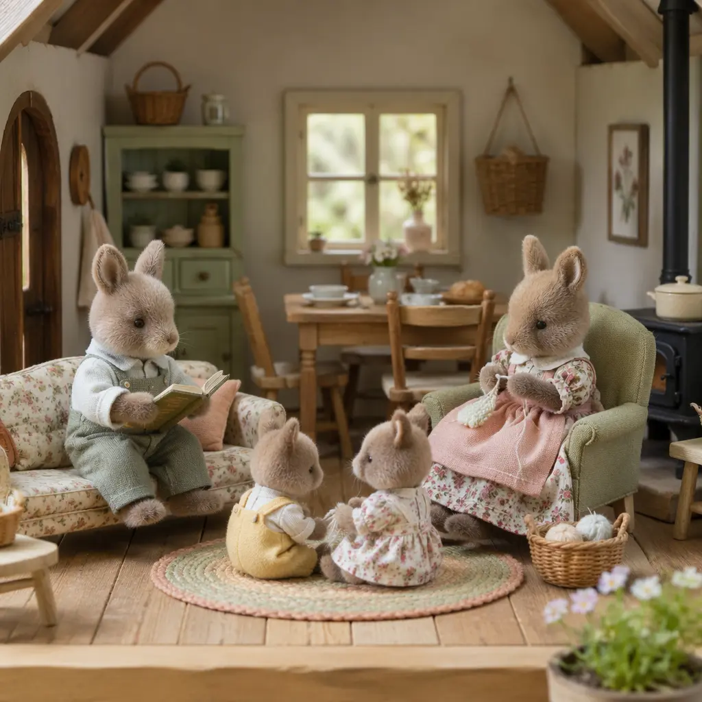 A gentle dollhouse scene with small flocked animal family figures in a cosy woodland setting