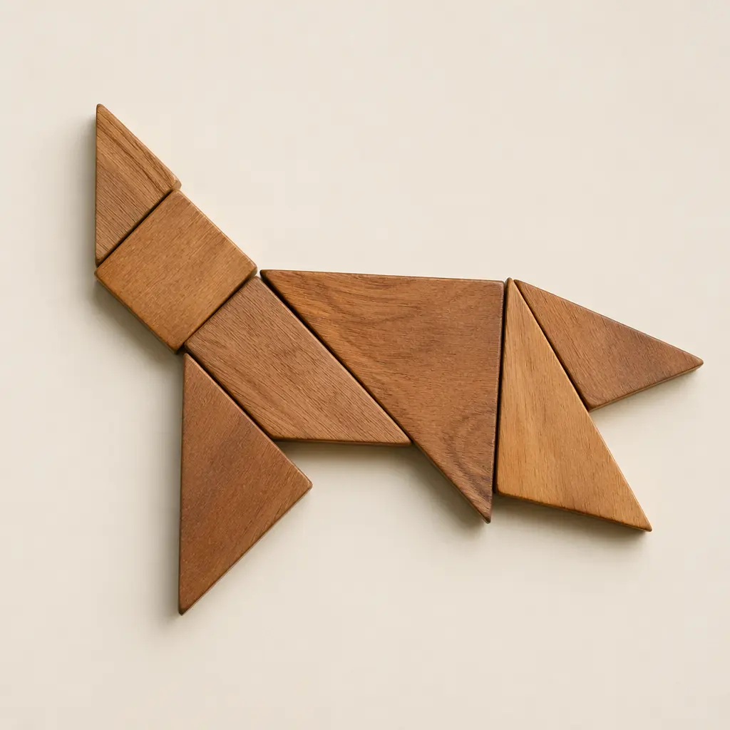 A wooden tangram puzzle arranged into an abstract animal shape.