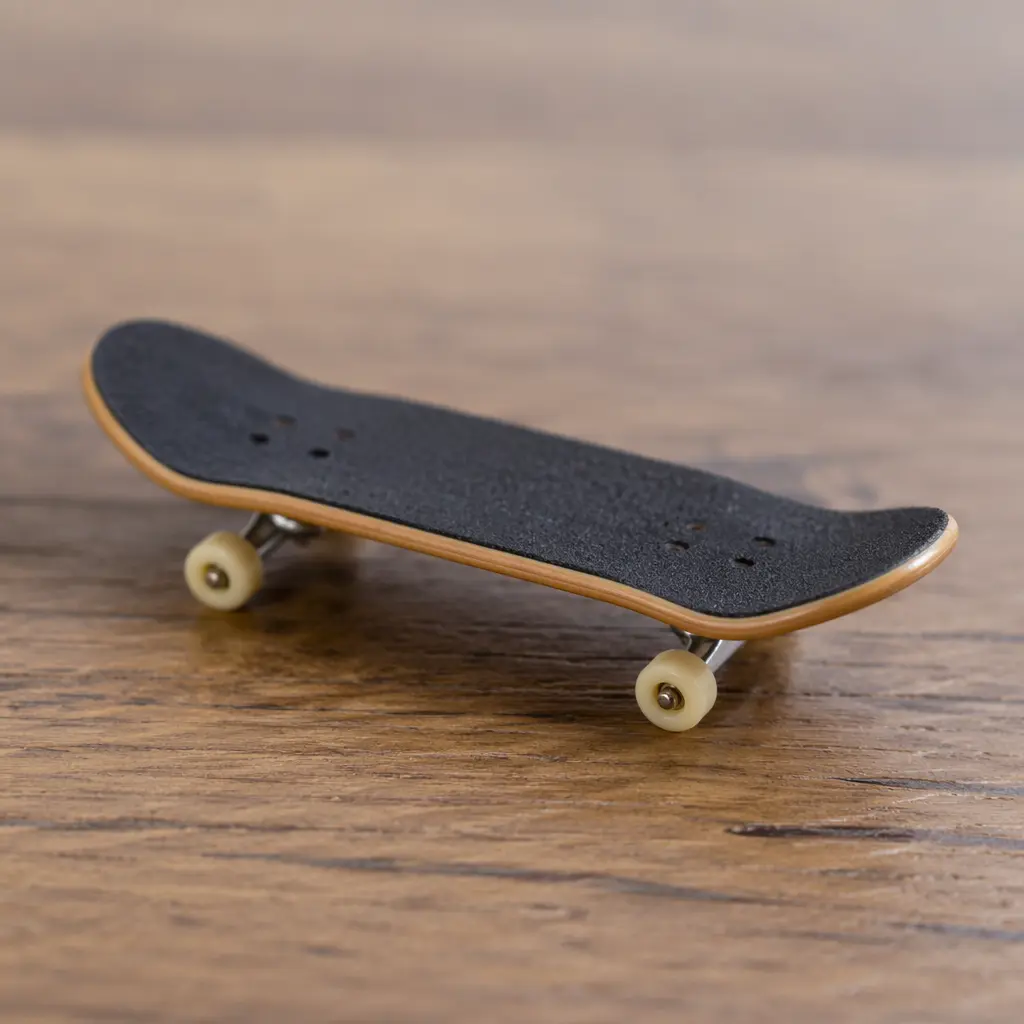 A small fingerboard resting on a wooden surface, photographed in natural light