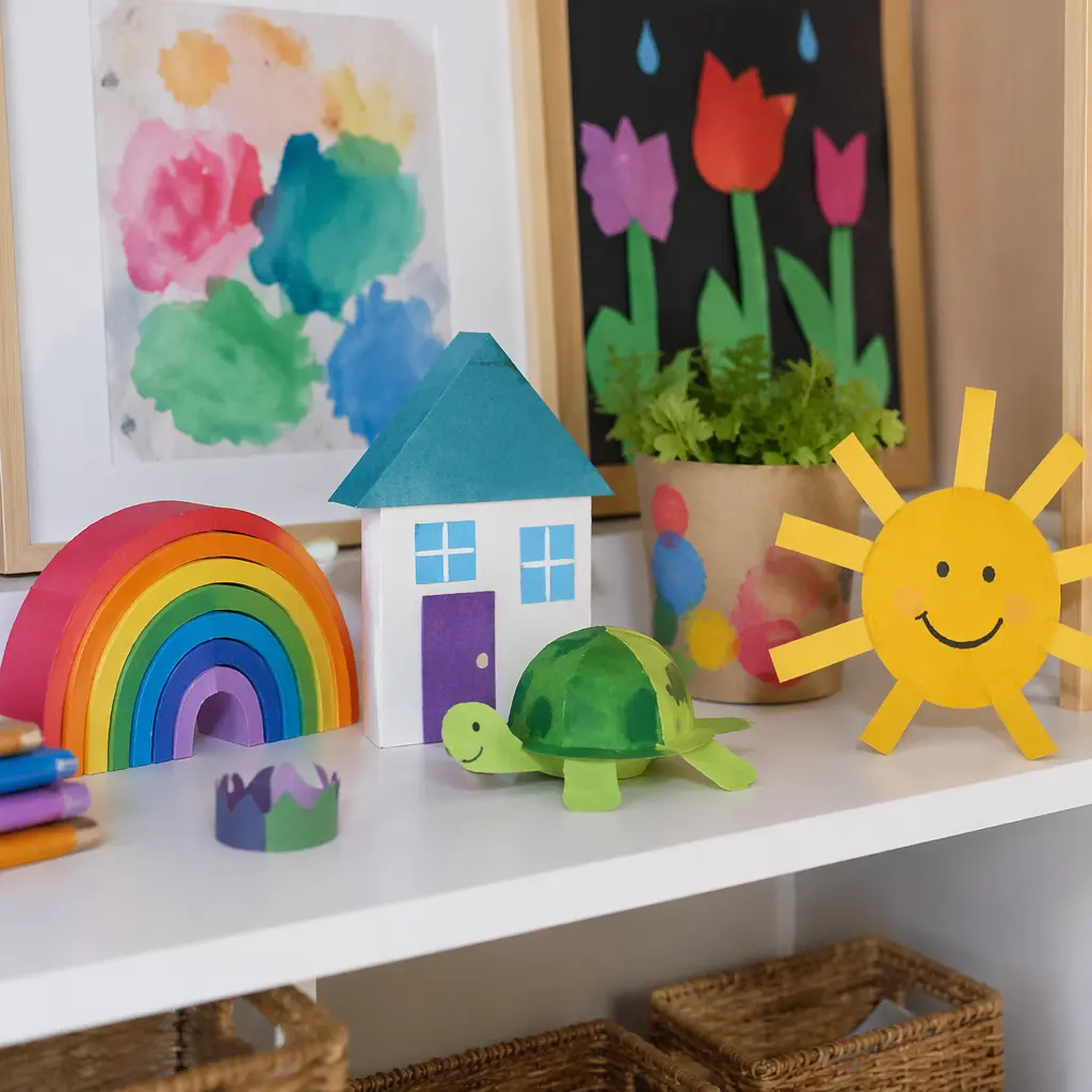 Completed kids art projects neatly displayed, showing a clear finished result