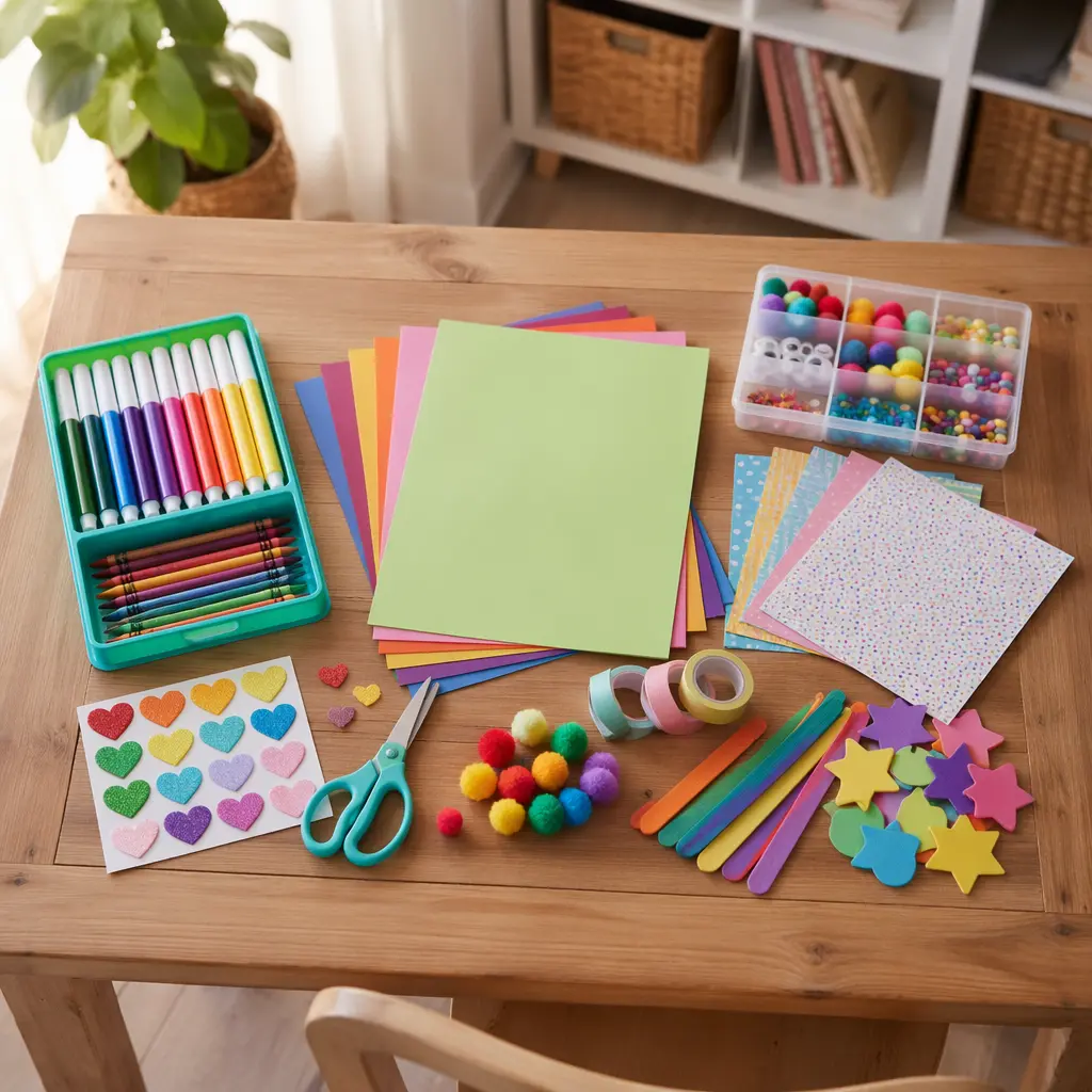 A neat, screen-free art kit laid out on a table with colorful supplies