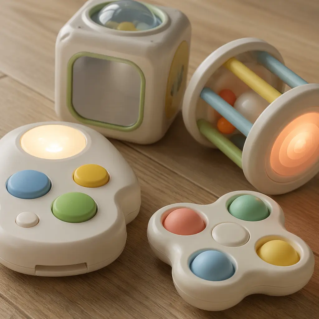 Close-up of simple electronic baby toys with buttons and lights