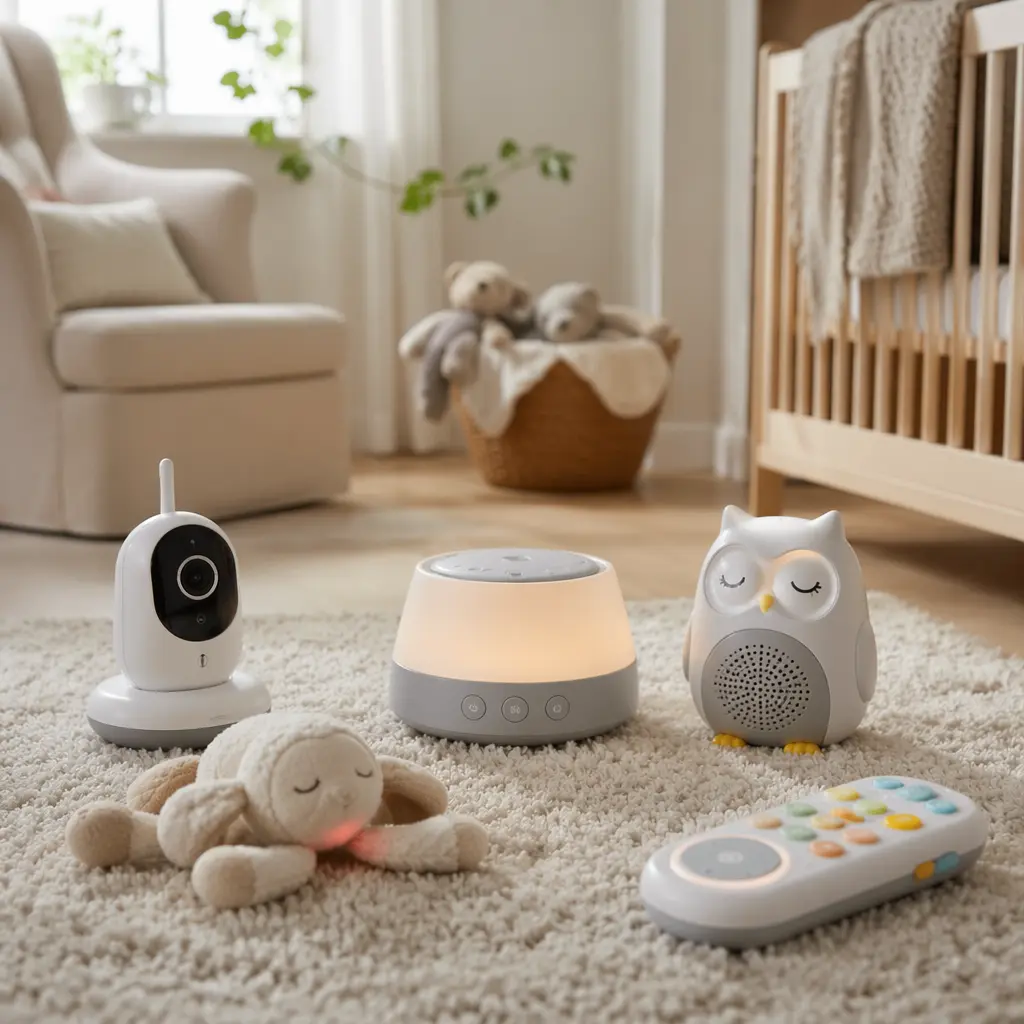 Electronic baby toys arranged on a nursery rug in soft natural light