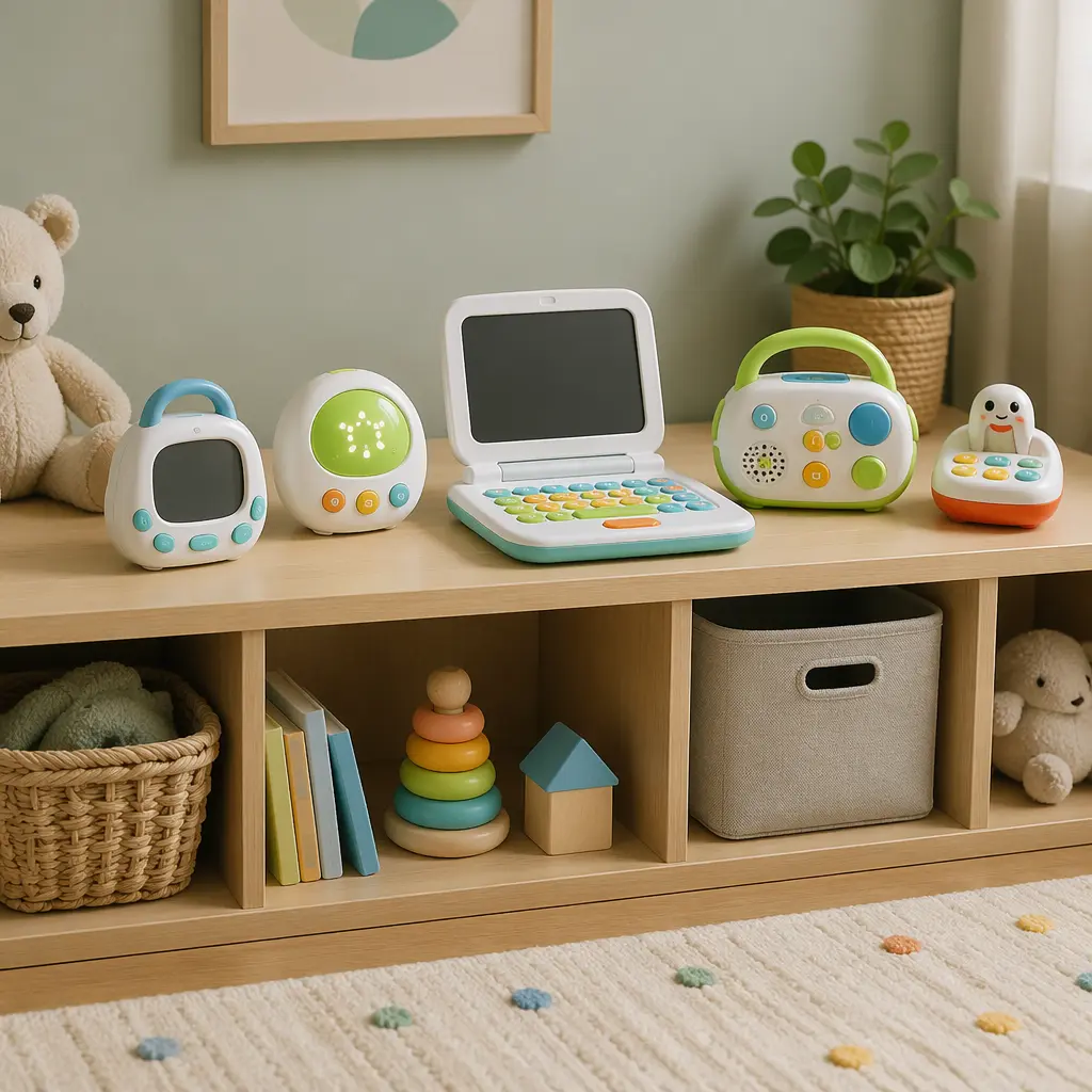 Simple electronic toys arranged on a toddler shelf