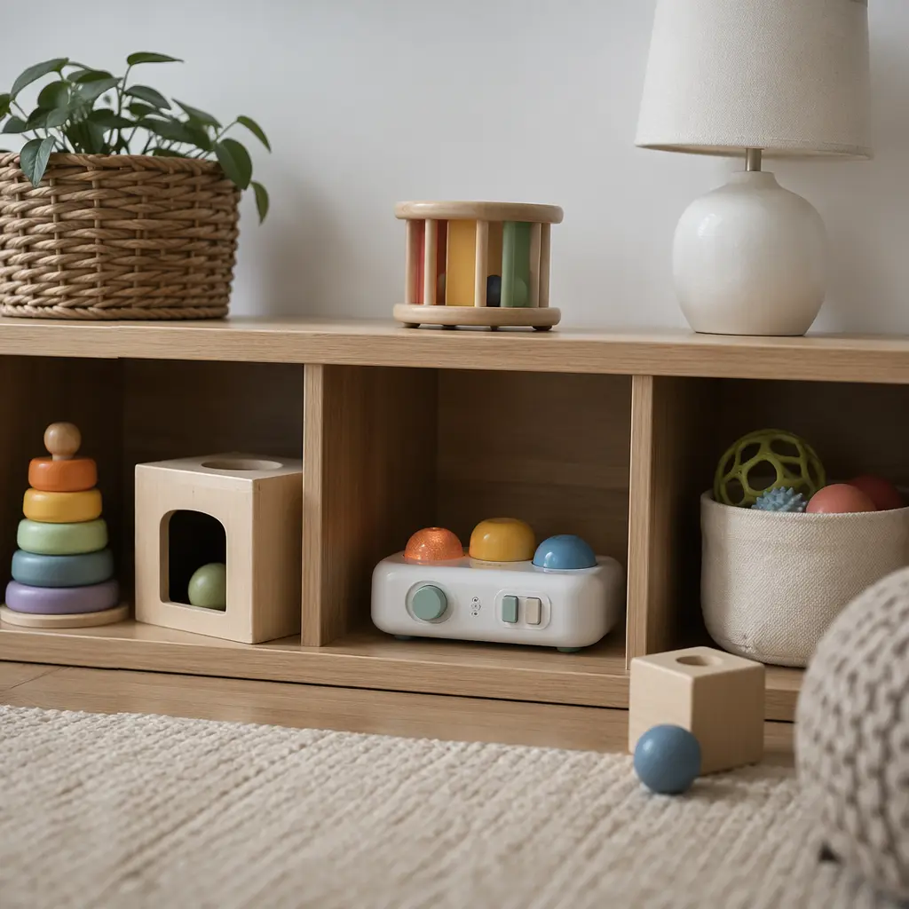 Organized toddler toy shelf with simple cause-and-effect toys