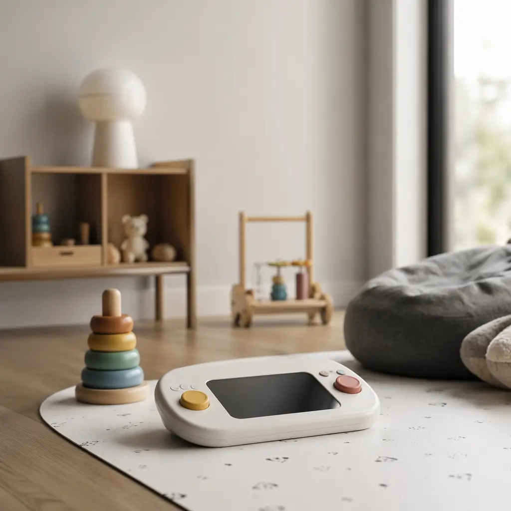 Calm toddler play space with simple electronic toys in soft natural light