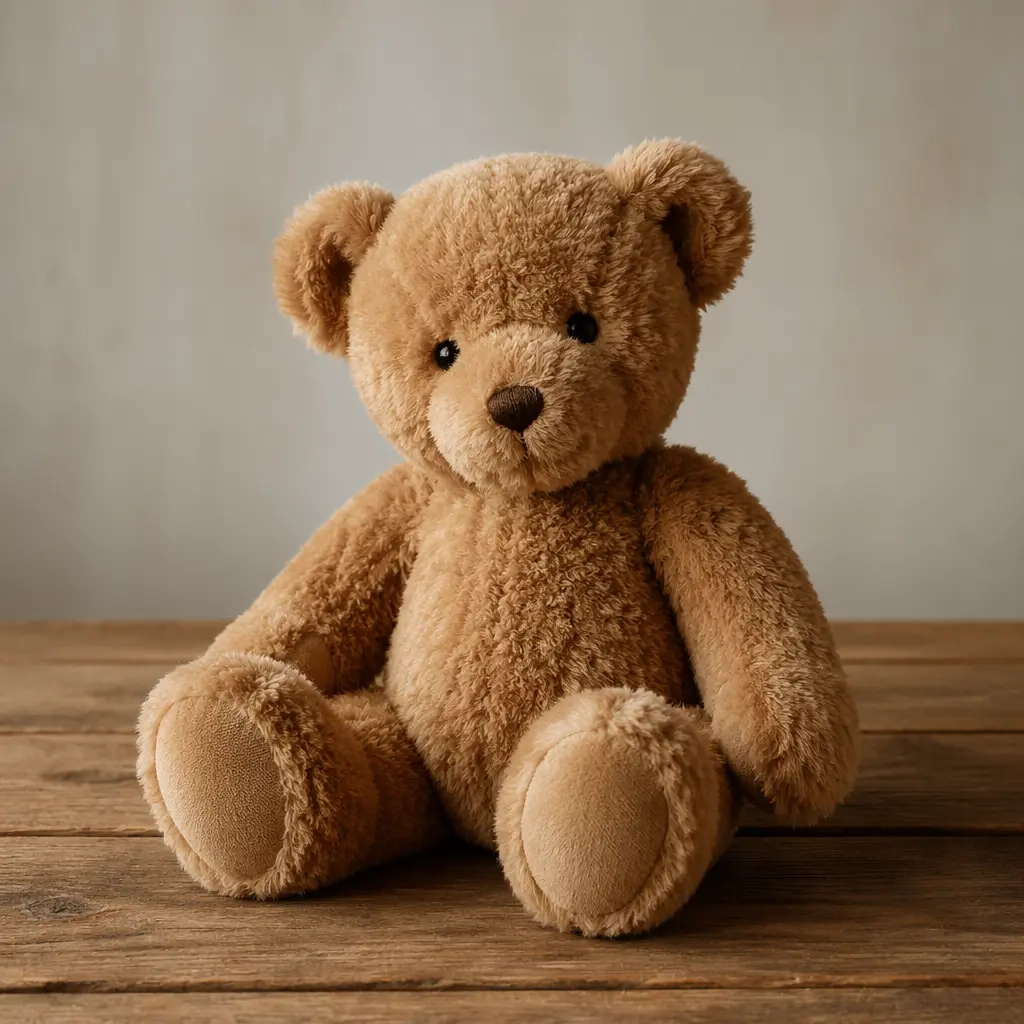 A classic plush teddy bear sitting upright in soft natural light