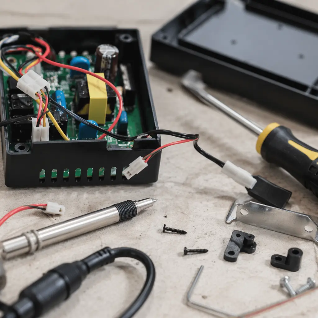 Partially assembled electronics project on a workbench.