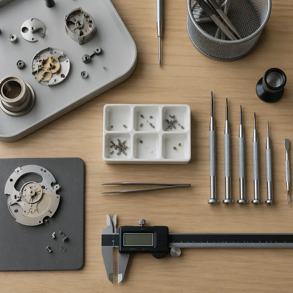 Organized maker workspace with mechanical parts and hand tools.