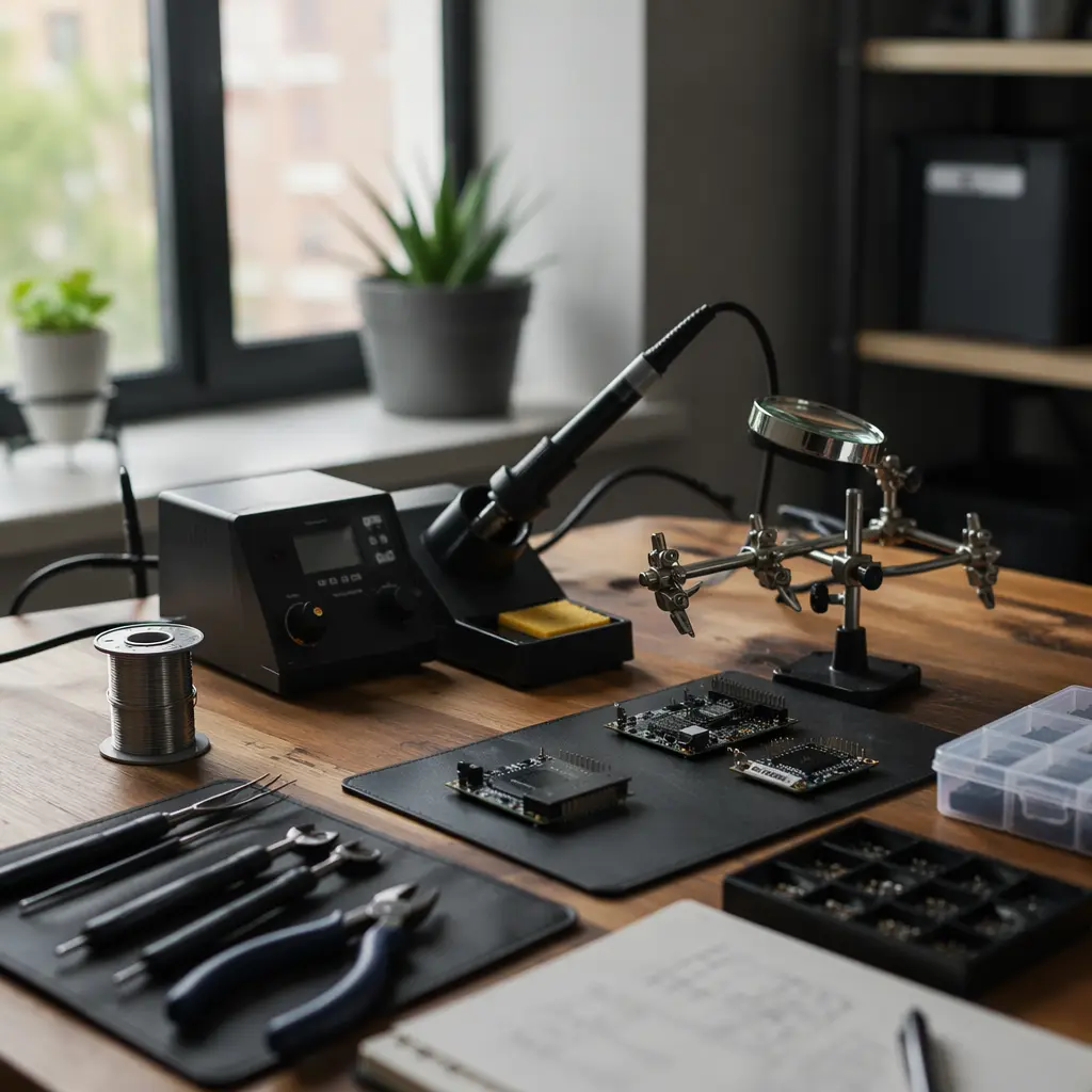 Modern maker tools and electronic components arranged on a desk in soft natural light.