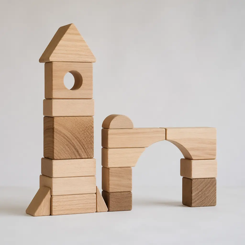 Smooth wooden magnetic blocks stacked into a simple structure