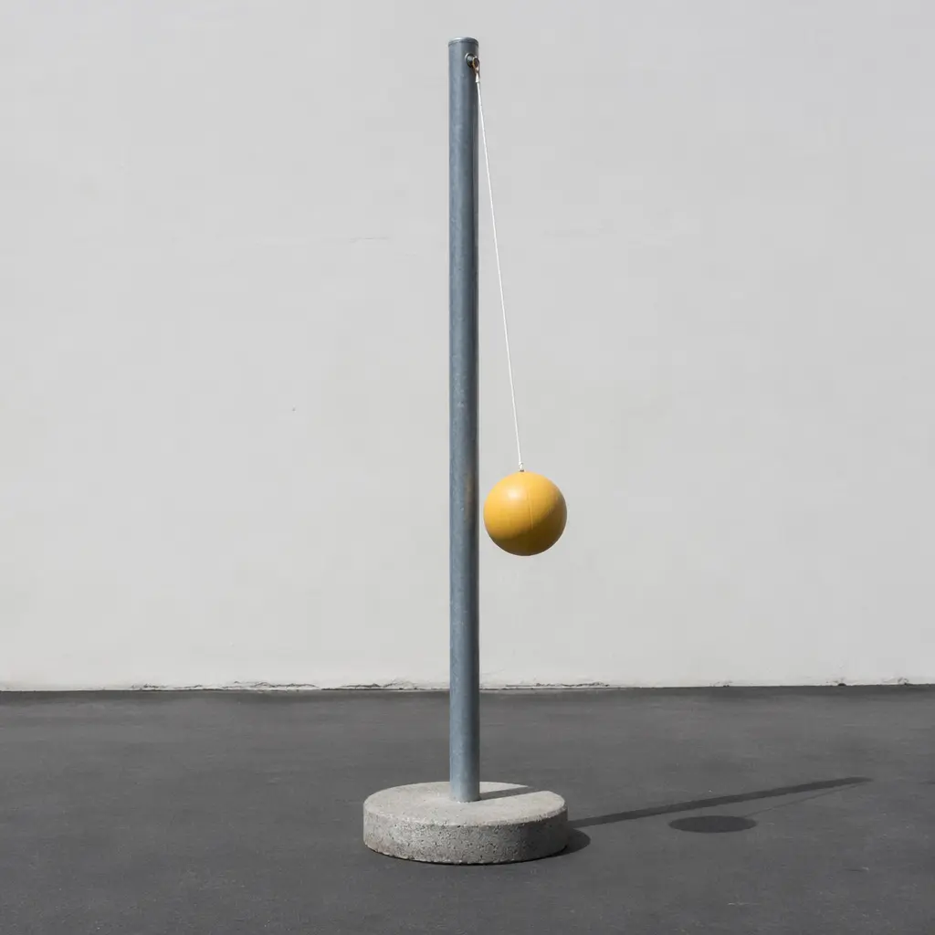 A classic tetherball setup with a pole, rope, and ball against a clean background