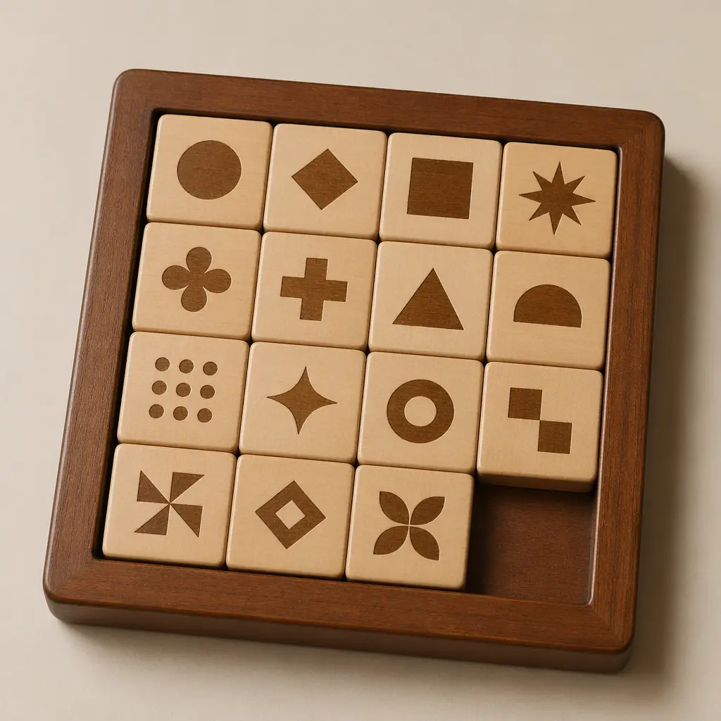 A classic sliding tile puzzle with one empty space, shown in a wooden frame.