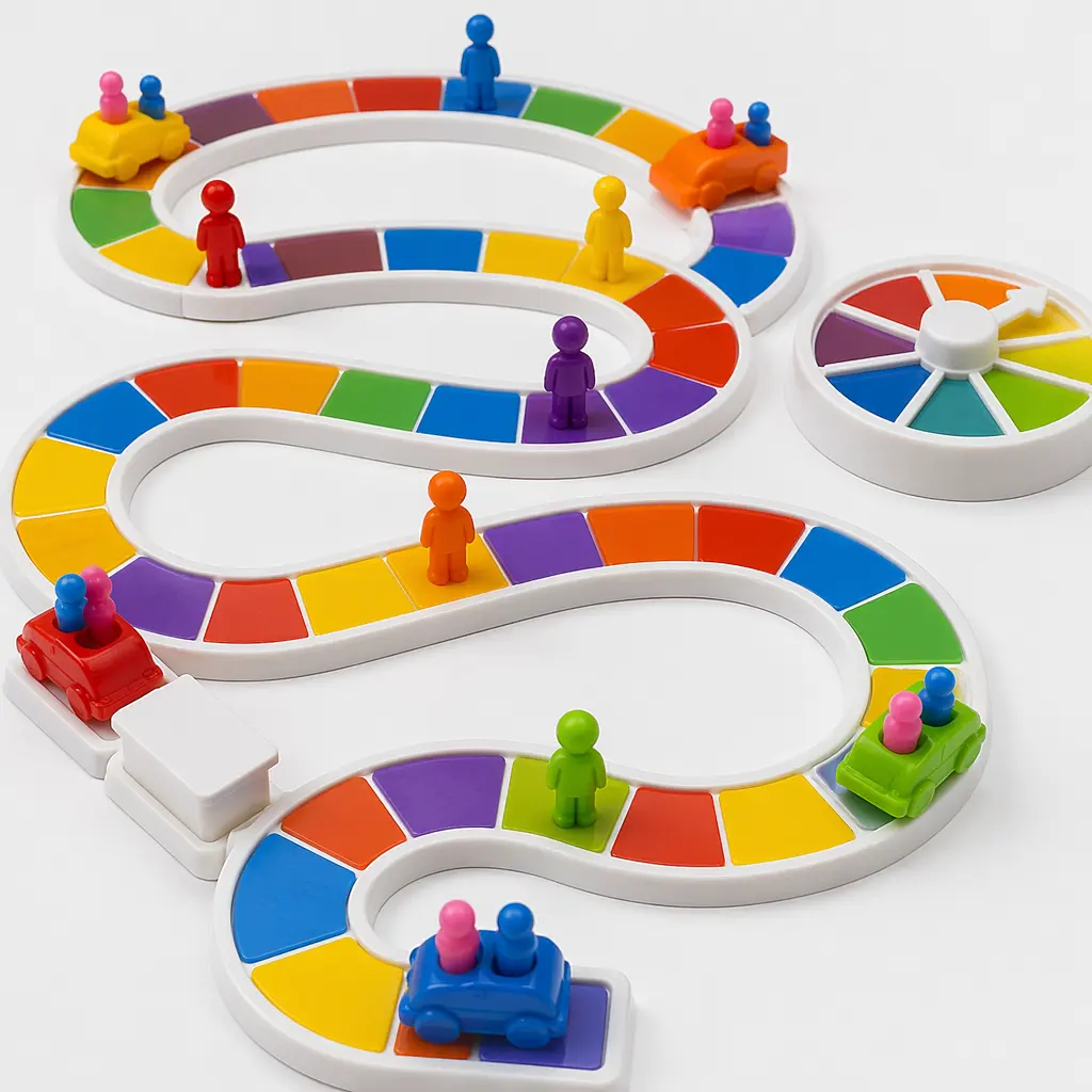 A colourful life-path board game with spinner and peg-style cars laid out on a table