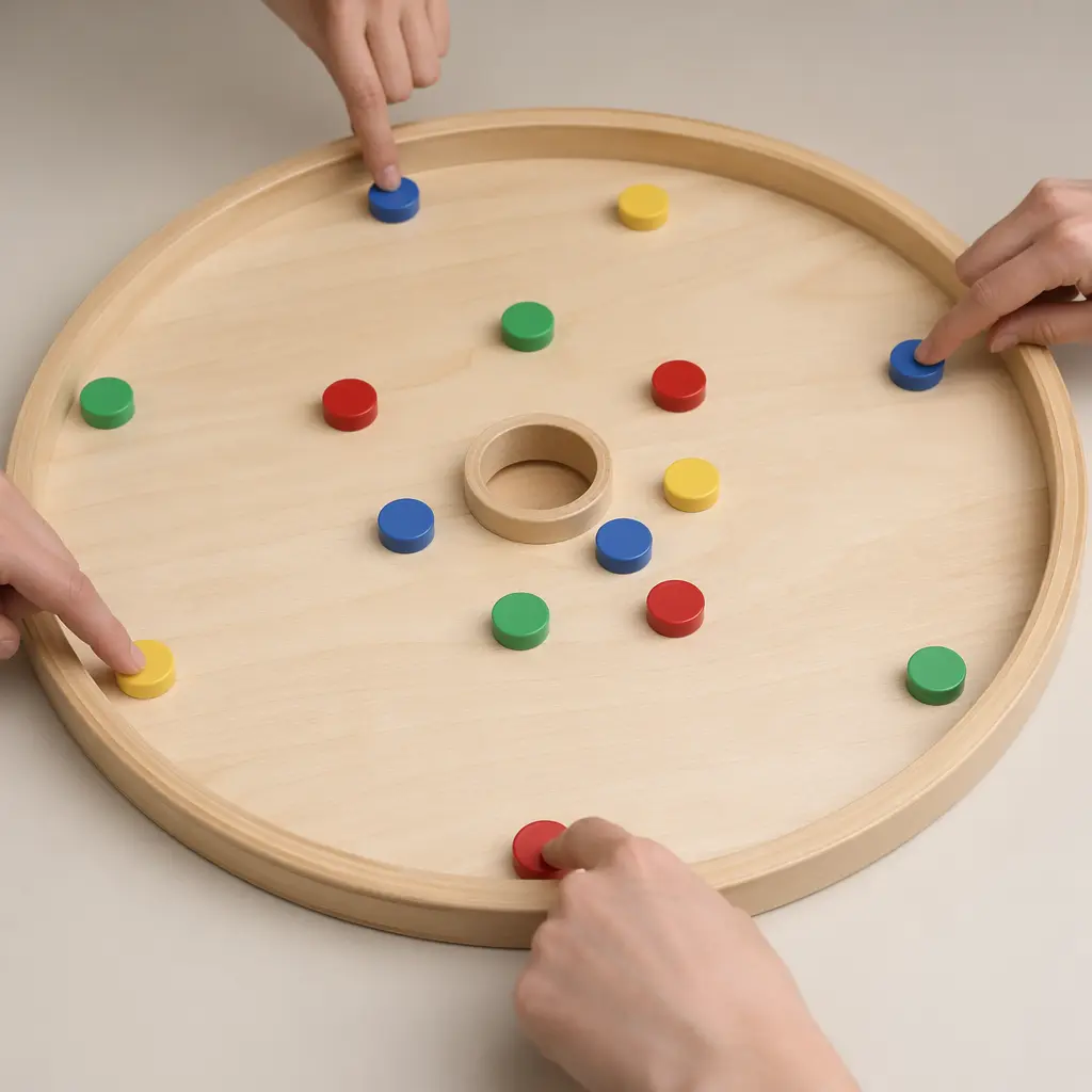 A classic tiddlywinks game setup with small discs and a central cup