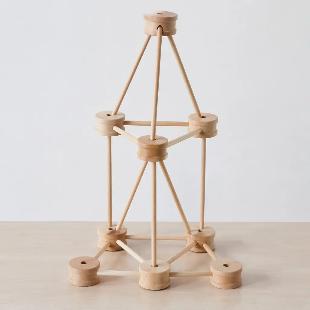 A simple structure built from wooden spools and rods, representing a classic construction toy