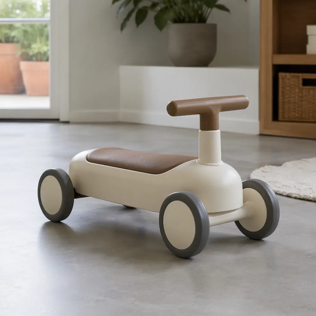 Low-to-the-ground toddler ride-on toy designed for stability