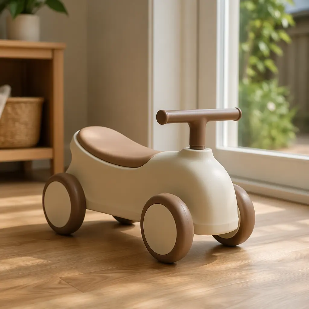 A foot-powered ride-on toy for toddlers in a bright, modern room