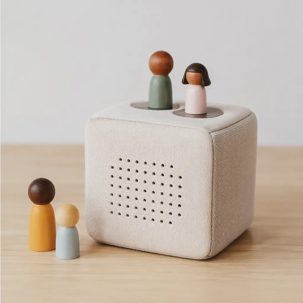 A soft cube audio player with small figurines used to trigger audio playback