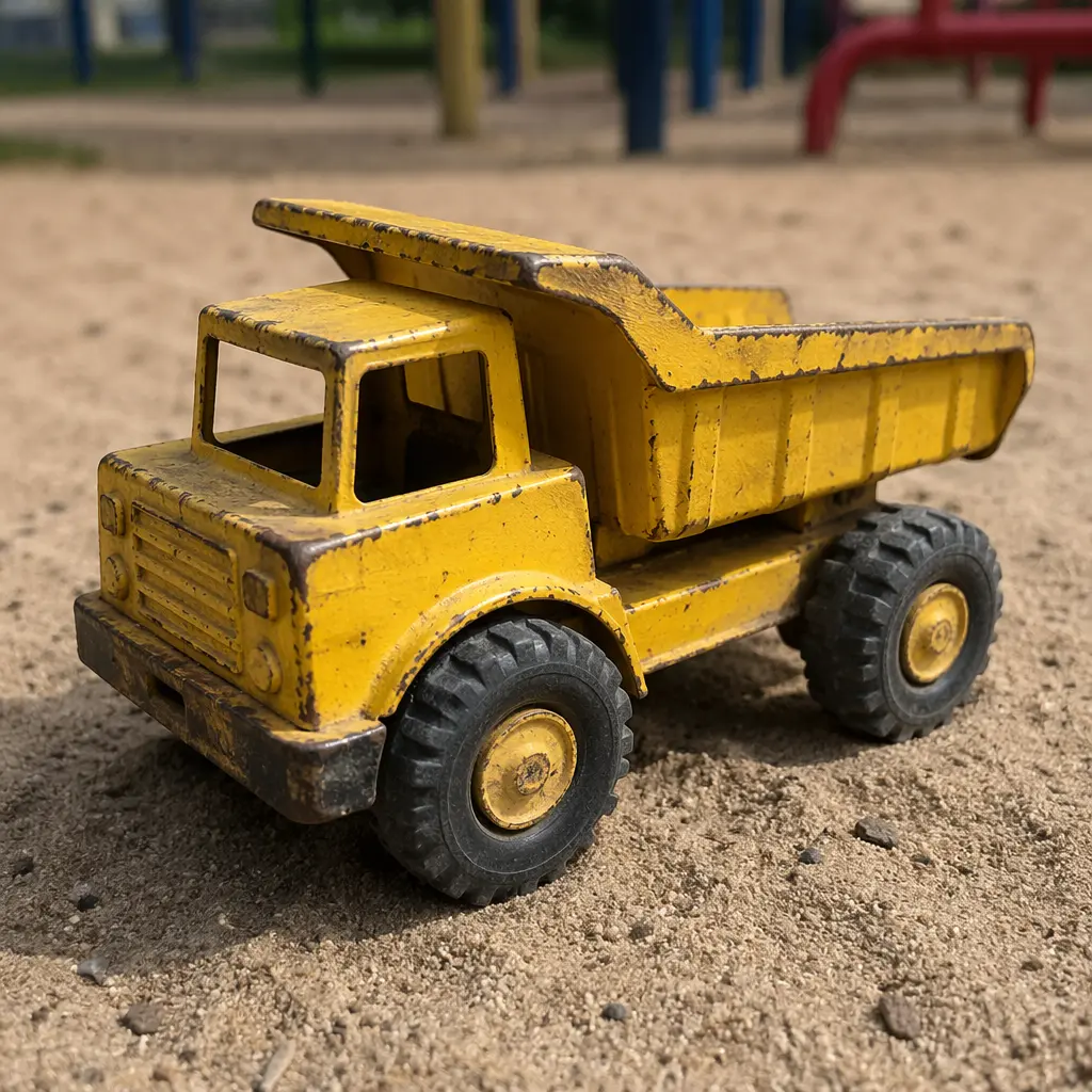 A sturdy yellow metal dump truck toy resting on sand, showing a well‑used, durable design