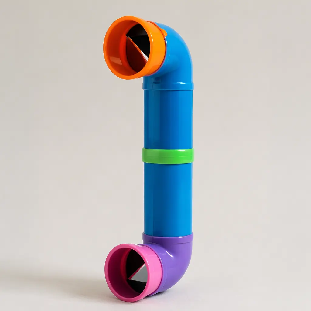 A colorful toy periscope showing angled mirrors inside a simple tube