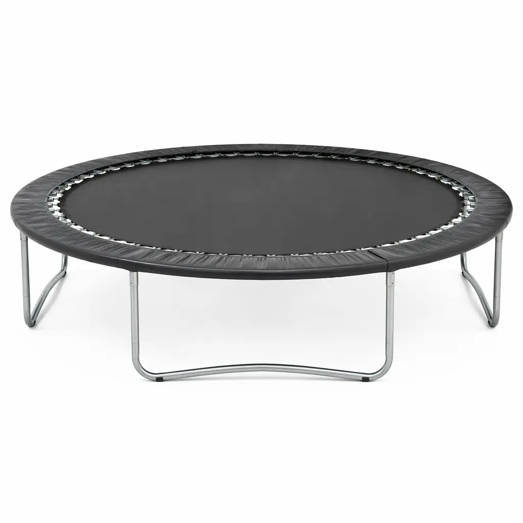 A simple round backyard trampoline with a black jumping mat and metal frame