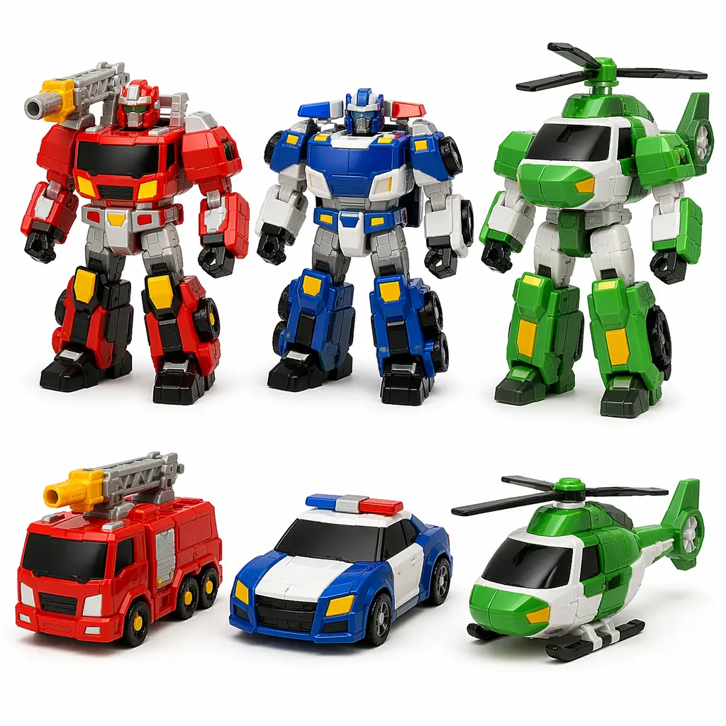 Preschool-style transforming robot toys that turn into rescue vehicles