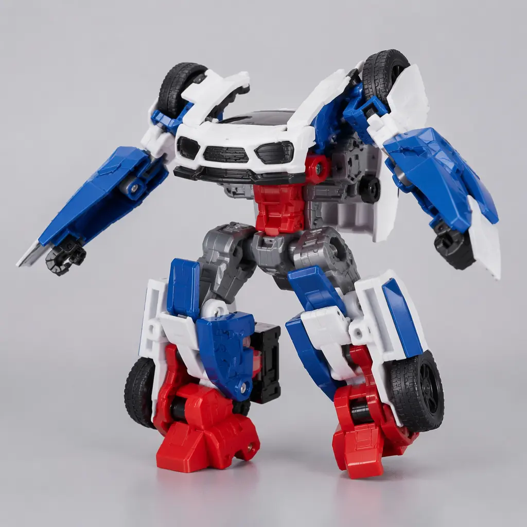 A transforming robot toy shown halfway between vehicle and robot modes