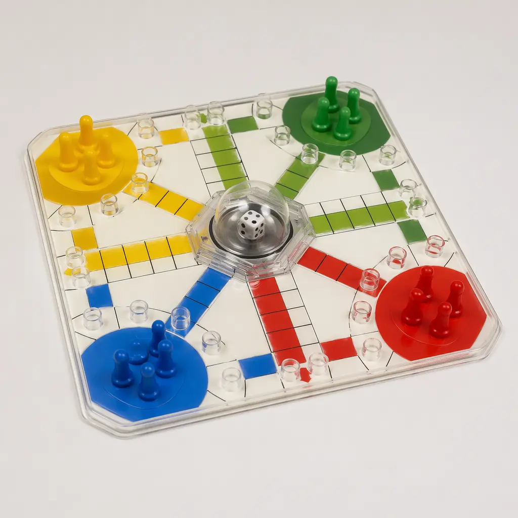 A classic family board game with a clear dice bubble at the center