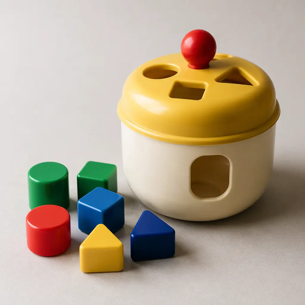 A classic-style plastic shape sorter with colorful shapes and a rounded container