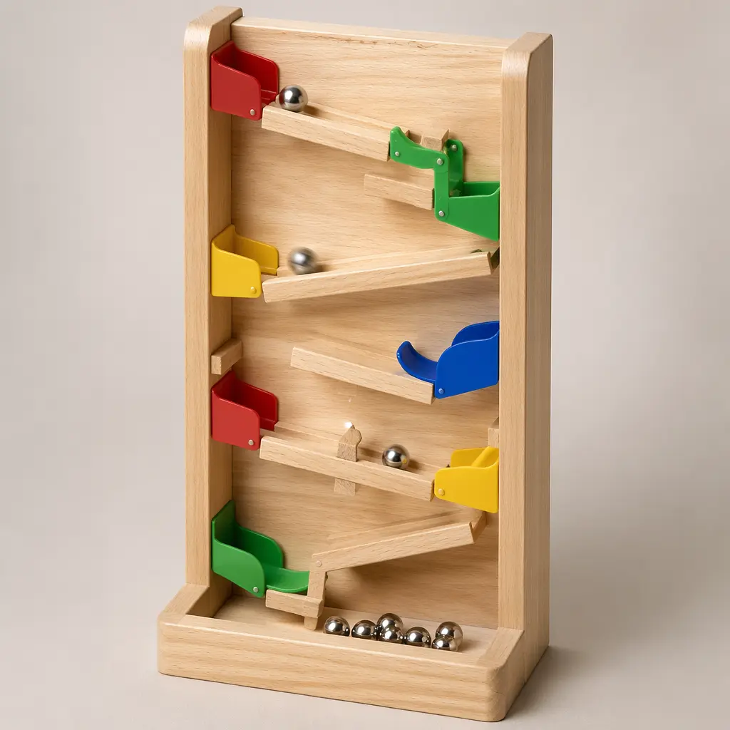 A marble-powered logic board with gates and ramps, showing marbles traveling through a vertical puzzle setup.