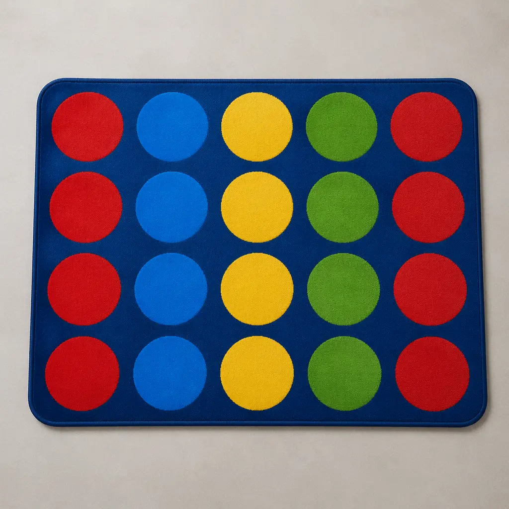 A colorful floor mat with rows of bright circles used for a physical party game