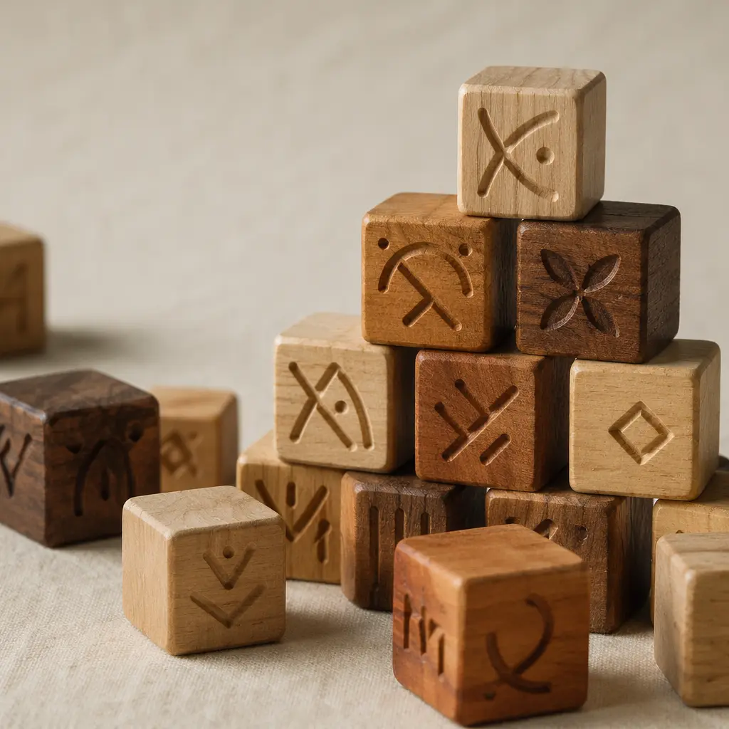 Handcrafted wooden blocks arranged on a neutral surface, showing engraved markings and natural wood grain