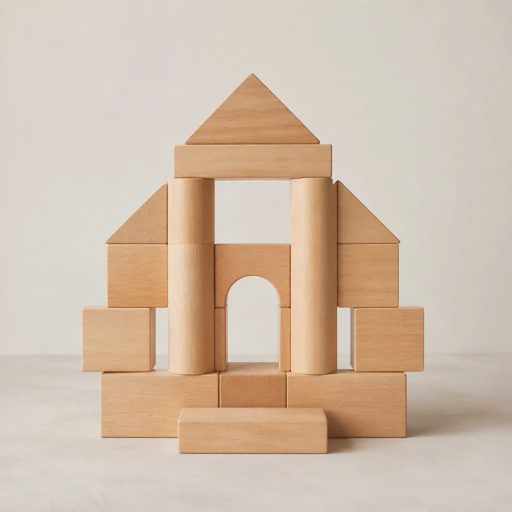 Wooden unit blocks stacked into a simple structure on a neutral background