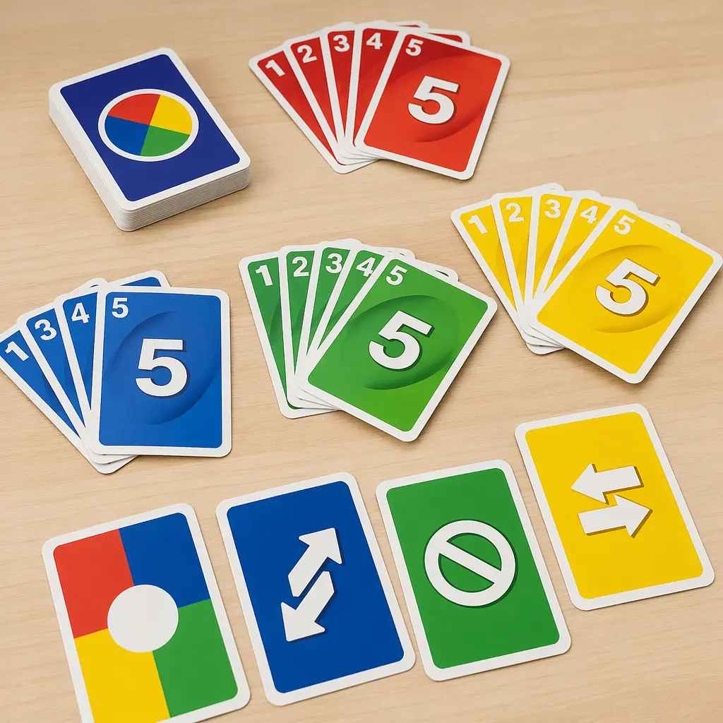 A colourful card game with red, yellow, blue and green cards spread across a table