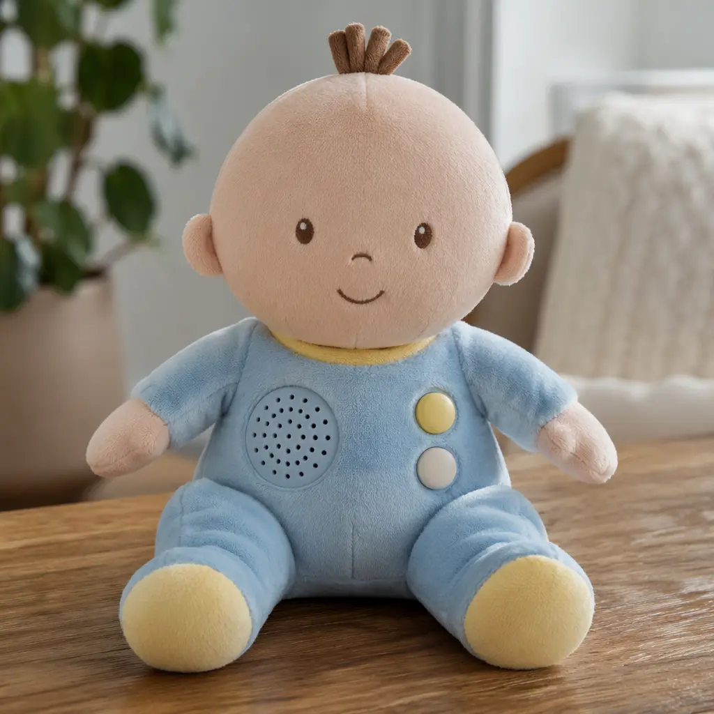 Close-up of an interactive doll showing built-in speaker and controls