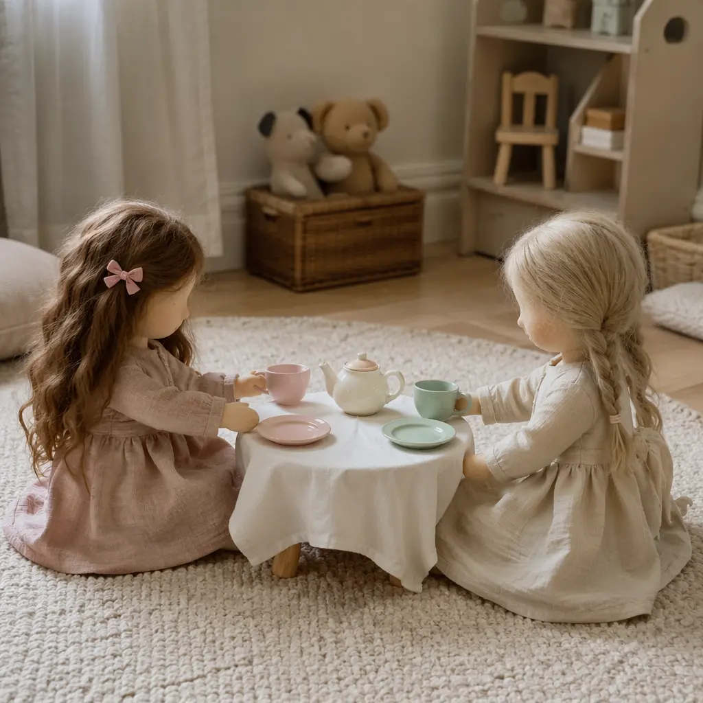 Dolls arranged in a pretend play tea party scene